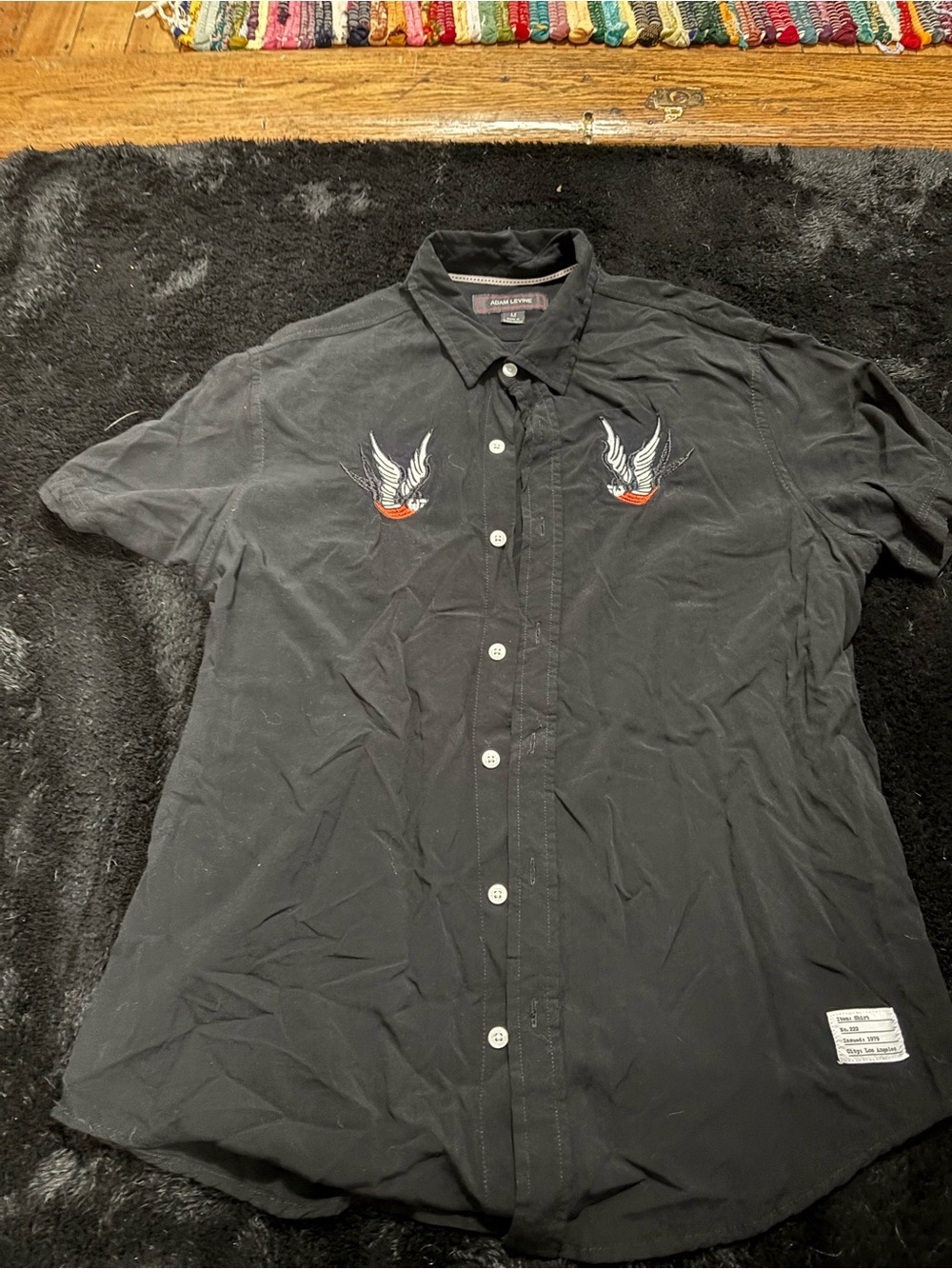 Adam Levine Black Short Sleeve Button-Down Shirt with Embroidered Swallows